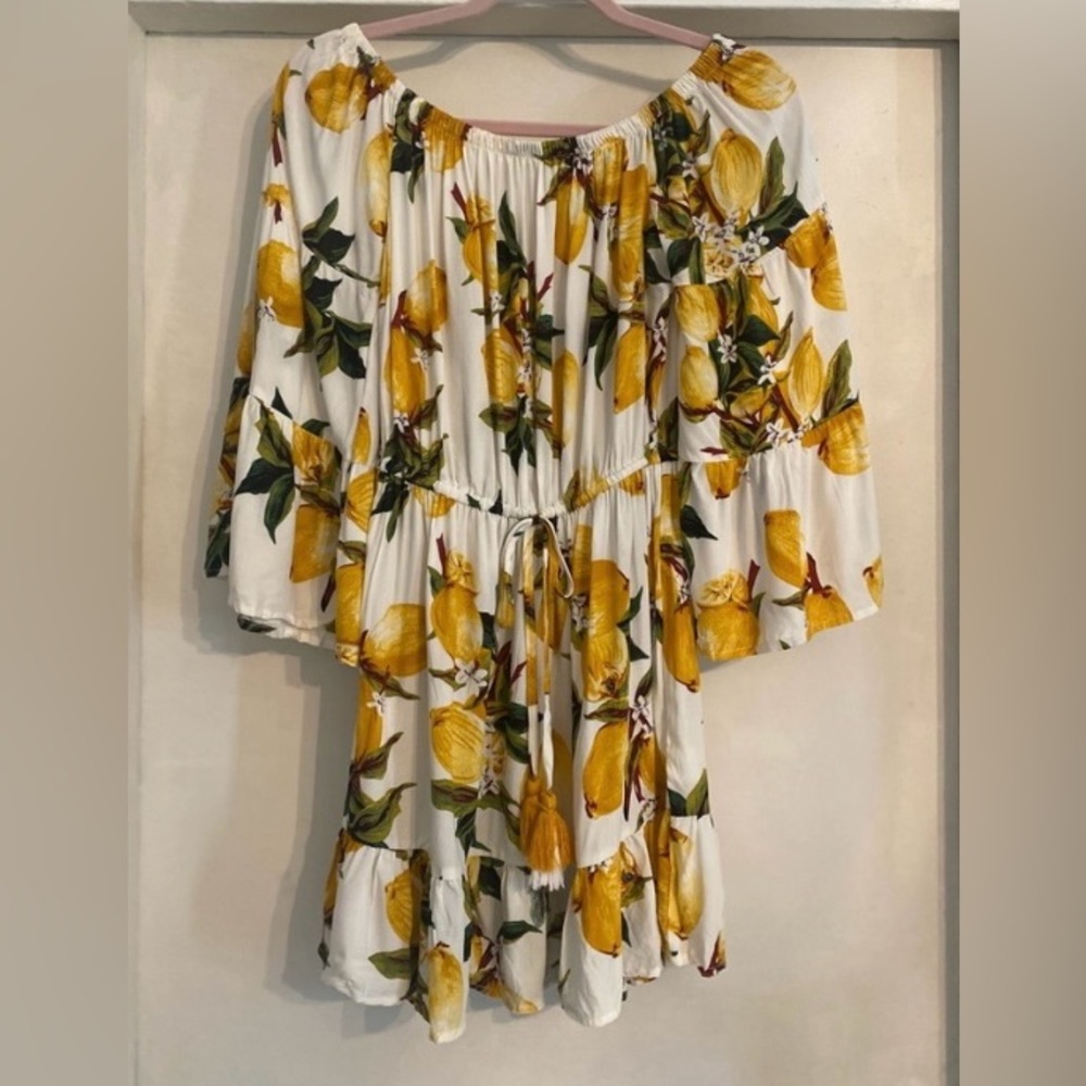 Blue Island Lemon Print Off-Shoulder Mini Dress